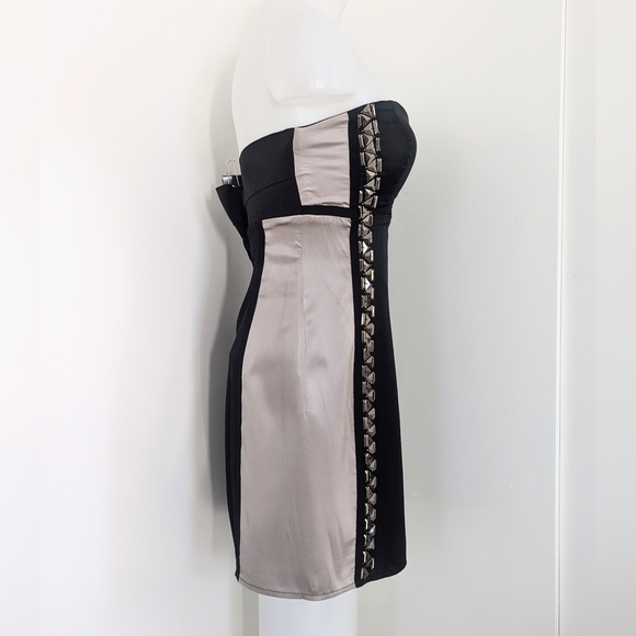 STELLA & JAMIE Color-Block Silk Strapless Mini Dress, Metallic Beading; Size M - Picture 8 of 15